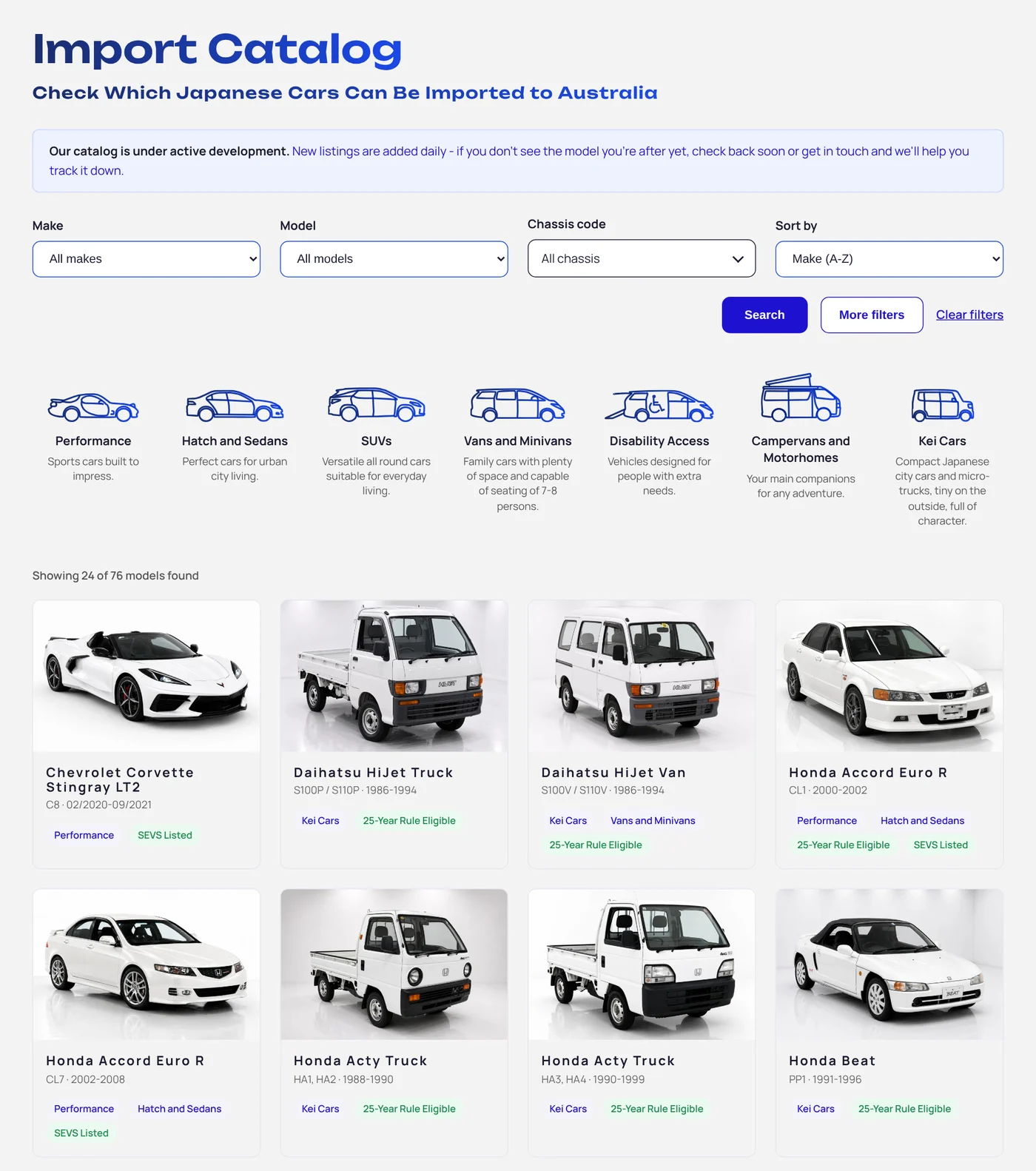 Fukasawa Car Imports online import catalogue showing Japanese car models with filters and SEVS Listed or 25-Year Rule Eligible tags